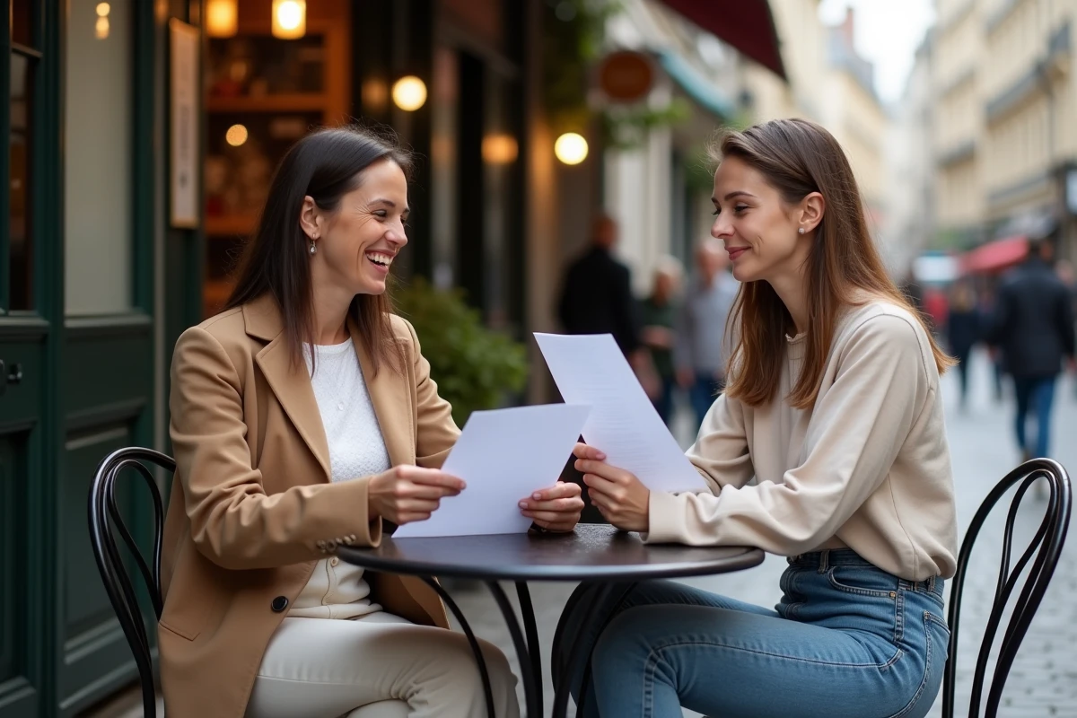 Deux actrices en train de discuter d'un scénario en terrasse de café parisien avec des expressions comiques