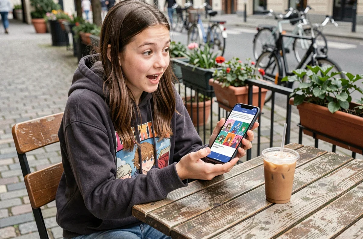 Adolescente lisant un webtoon sur l'application Epsilon Scan depuis sa tablette en terrasse de café, exemple de lecture numérique nomade en 2026