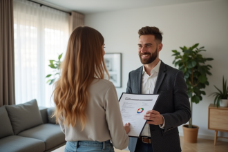 Agent immobilier souriant remettant un certificat DPE à un couple