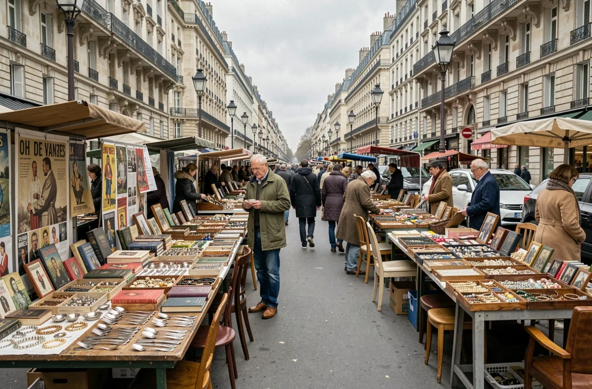 Vue panoramique de l'allée du marché aux puces de la Porte de Vanves un dimanche matin