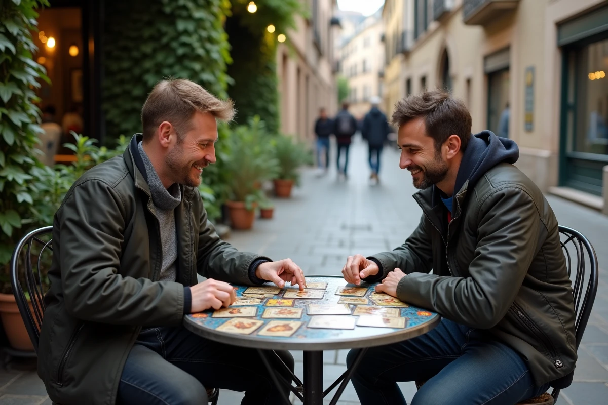 Deux amis comparant des cartes de jeu d'aventure sous-cotées en terrasse de café dans un quartier urbain