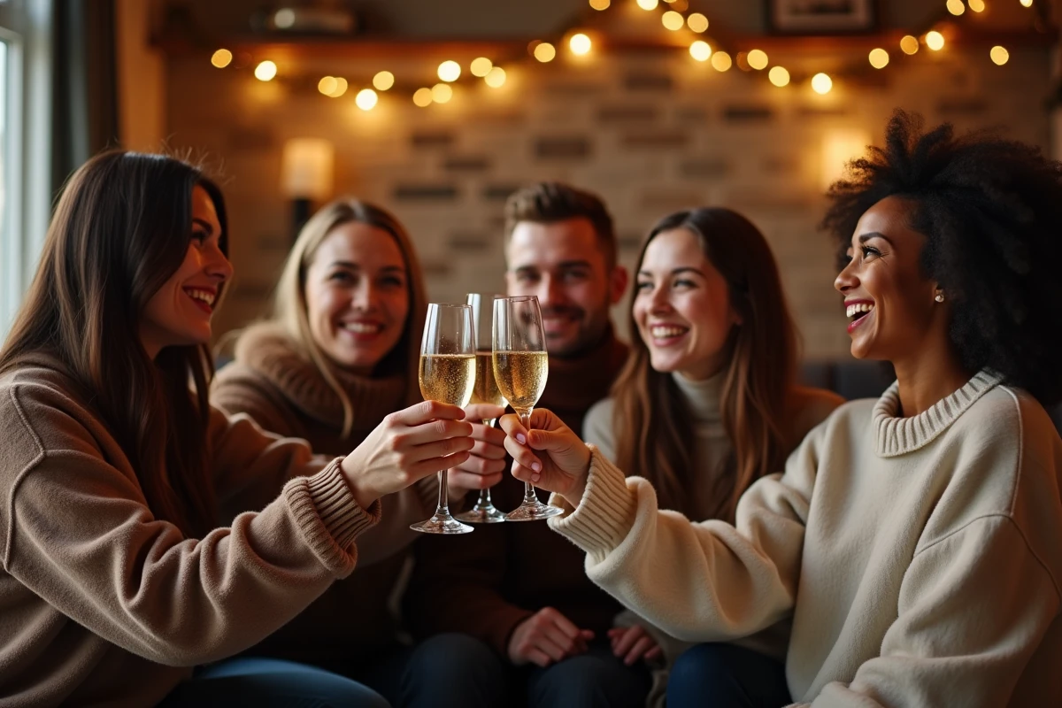 Groupe d'amis trinant avec champagne pour le Nouvel An