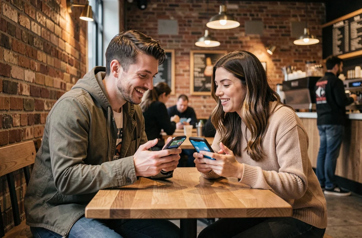 Deux amis comparant leurs decks Clash Royale 2026 optimisés dans un café urbain