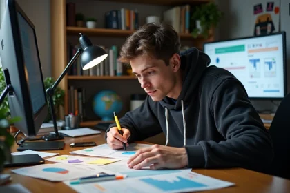 Joueur analysant des graphiques d'économie virtuelle sur un bureau encombré de notes et de données de marché