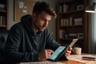 Joueur concentré analysant un plan de base HDV 11 sur tablette avec des notes tactiques de guerre de clans