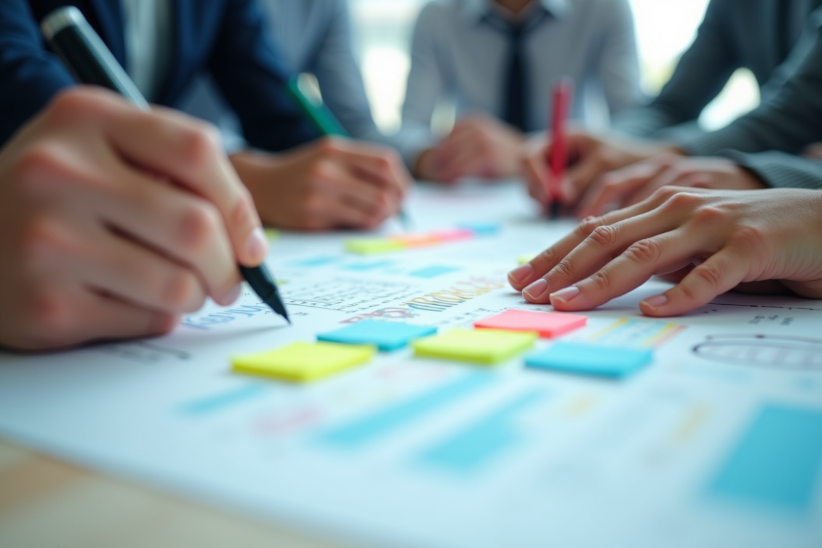 Main annotant des documents avec surligneurs et notes colorées