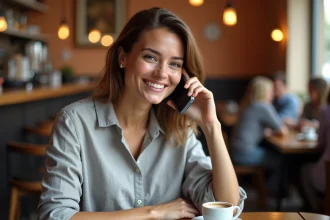 Femme souriante passant un appel téléphonique depuis un café parisien avec son smartphone
