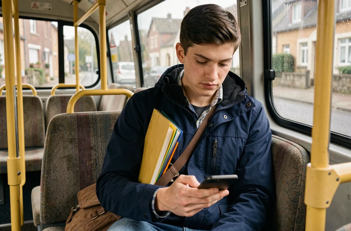 Apprenti consultant les horaires de bus sur son smartphone à l'intérieur d'un bus régional