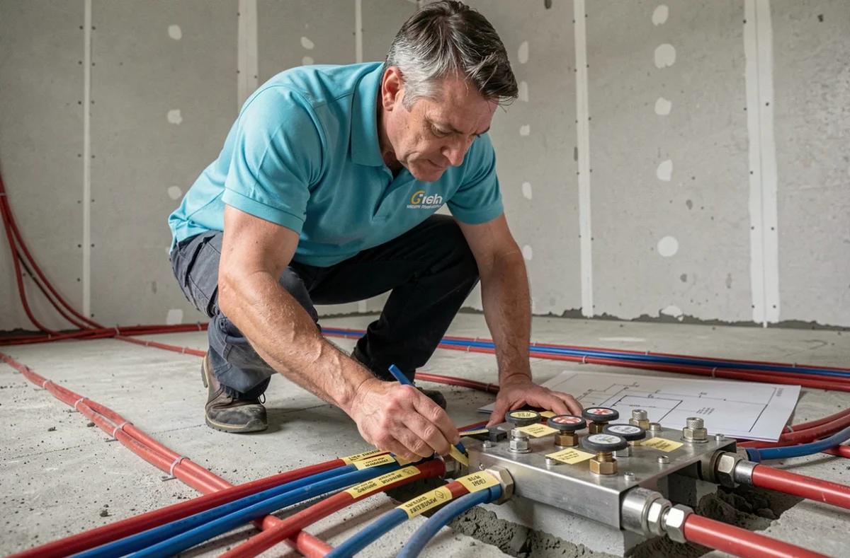 Technicien d'Aqua Concept Plomberie Chauffage installant un collecteur de plancher chauffant dans une pièce en construction