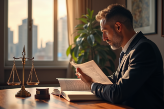Avocat consultant un code juridique dans un bureau lumineux
