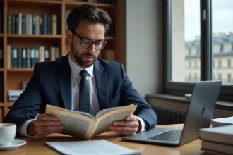 Avocat examinant un volume de manga dans un bureau juridique moderne, entouré de documents légaux relatifs au droit d'auteur