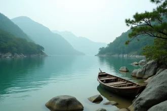 Panorama d'une baie japonaise encaissée avec eau turquoise, rochers couverts de mousse et barque de pêche traditionnelle amarrée au rivage