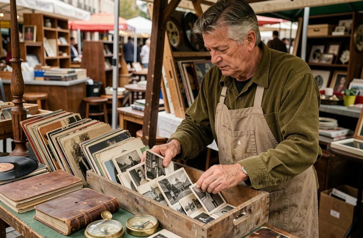 Brocanteur arrangeant des cartes postales vintage sur son stand aux puces de Vanves à Paris