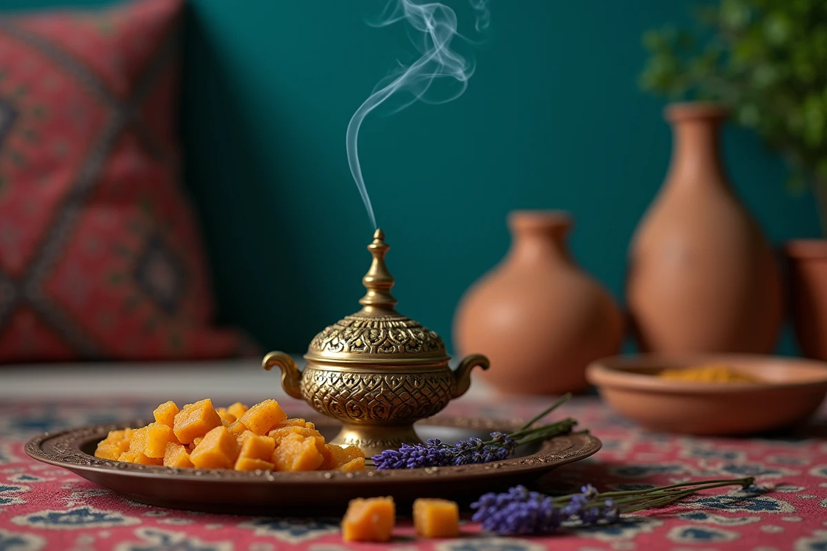Gros plan d'un brûleur d'encens marocain en laiton avec résine Louban, lavande séchée et poudre de santal sur un plateau en bois sculpté