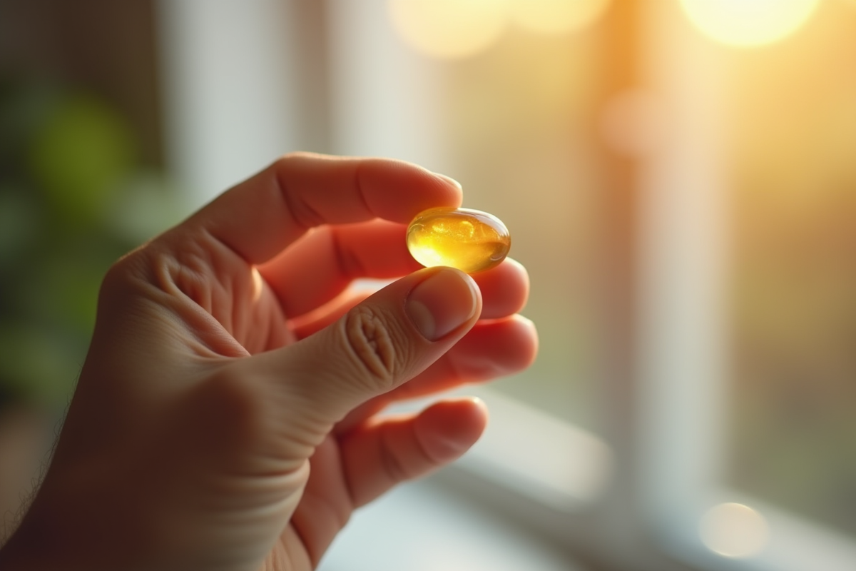 Capsule de vitamine D3 dans la main sous la lumière naturelle