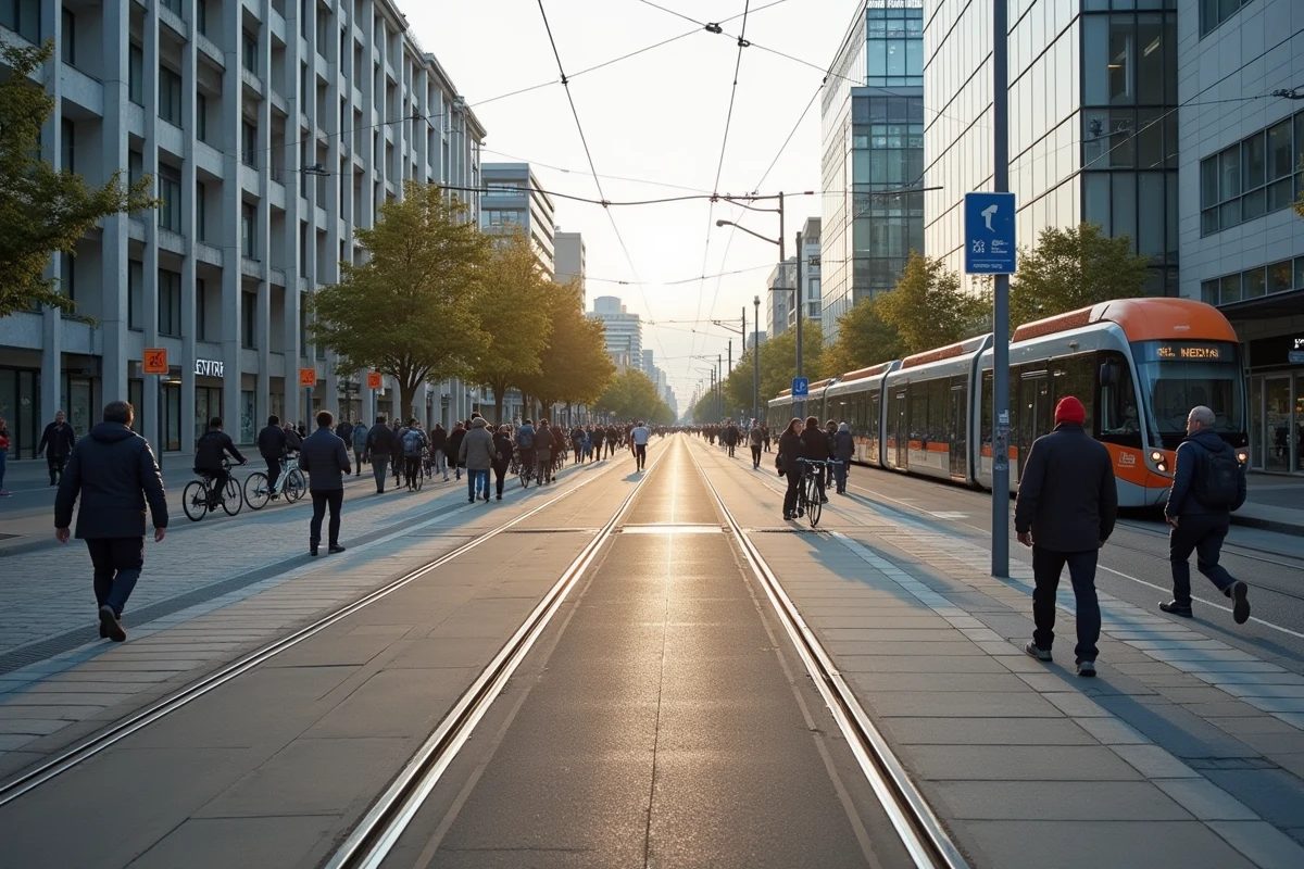 Carrefour urbain de Nantes avec les rails du tramway ligne 2, piétons et cyclistes lors des heures de pointe du matin