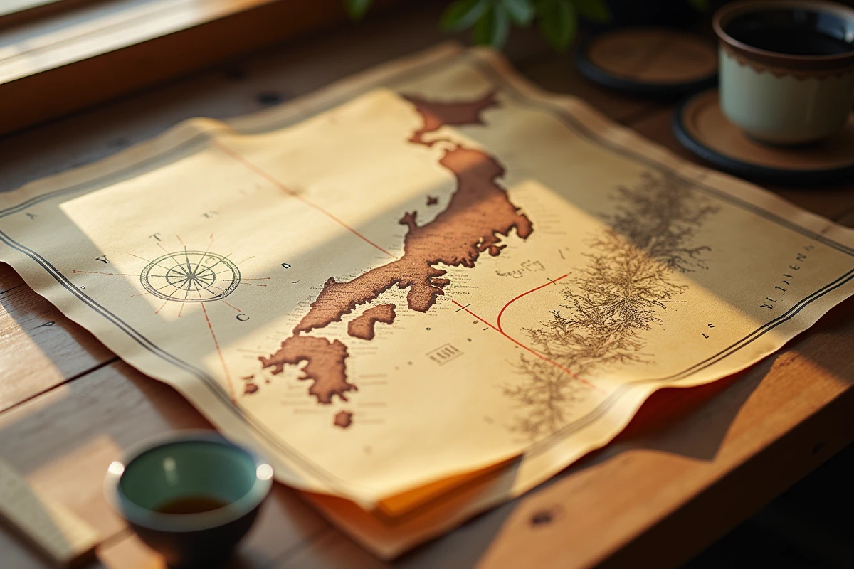 Carte géographique ancienne du Japon dépliée sur une table en bois avec une petite baie encerclée à l'encre rouge, règle en bois et tasse de thé japonaise