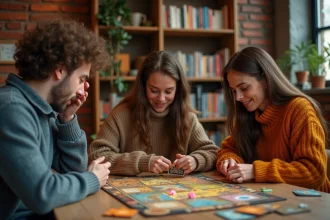 Groupe d'adultes découvrant des cartes de jeu sous-cotées autour d'une table en bois lors d'une soirée jeux de société