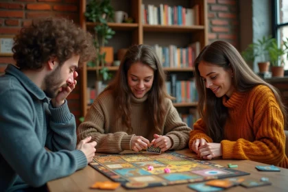 Groupe d'adultes découvrant des cartes de jeu sous-cotées autour d'une table en bois lors d'une soirée jeux de société