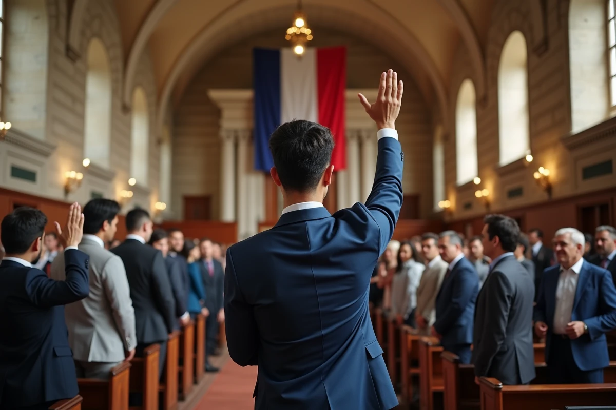 Cérémonie de naturalisation française dans une mairie historique avec des candidats levant la main pour prêter serment