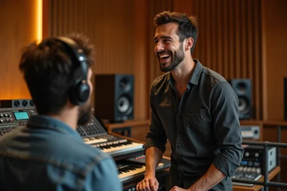 Chanteur brésilien en collaboration avec un producteur européen dans un studio d'enregistrement professionnel