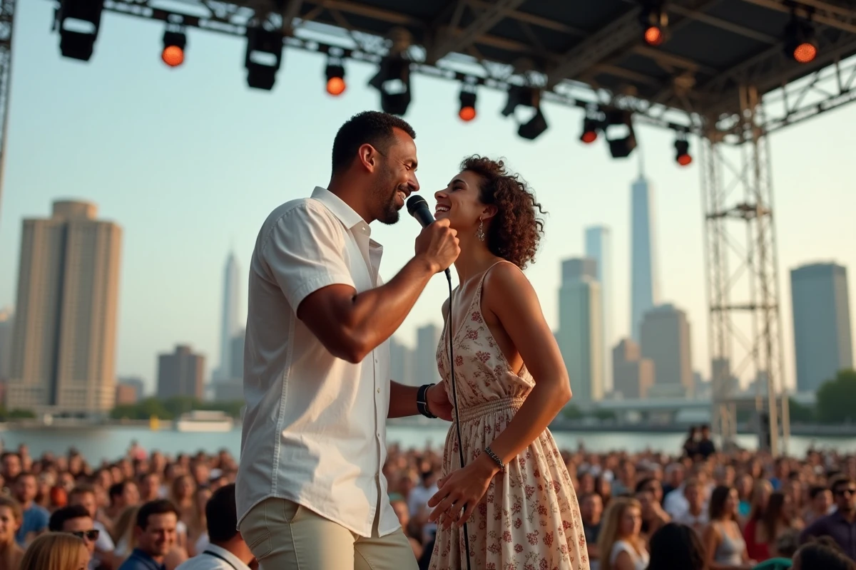 Chanteur brésilien partageant la scène avec une artiste américaine lors d'un festival international en plein air