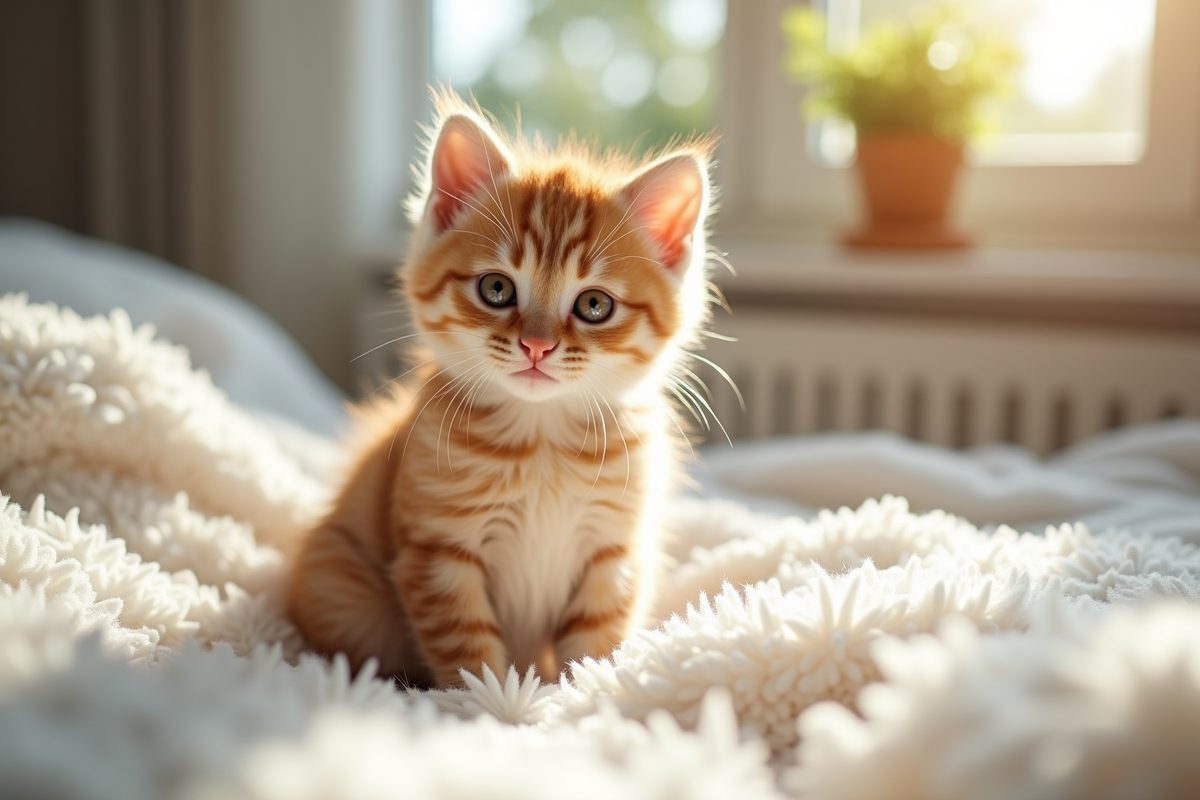 Chaton jouant confortablement sur une couverture blanche