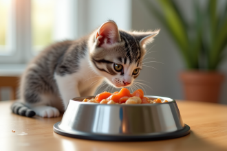 Chaton gris et blanc mangeant nourriture humide premium