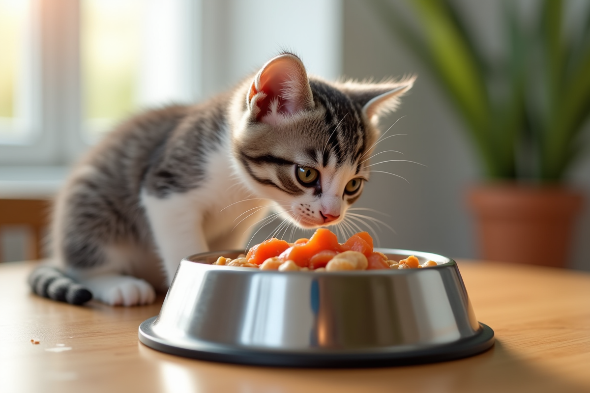 Chaton gris et blanc mangeant nourriture humide premium