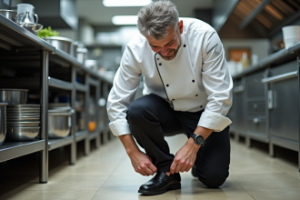Chef d'âge moyen nouant ses chaussures de cuisine noires