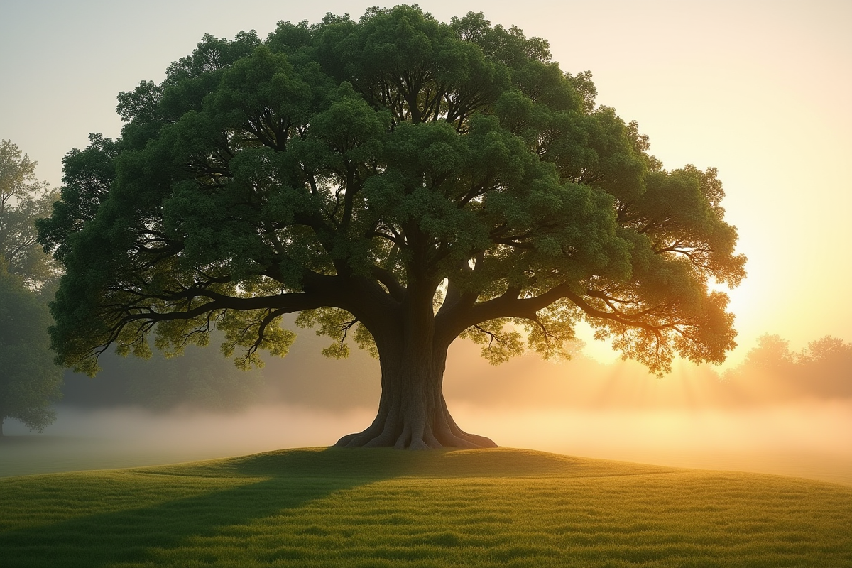 Chêne majestueux dans un jardin français au lever du soleil