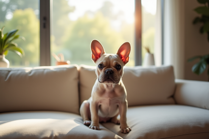 Chiot bulldog français assis sur un canapé moderne