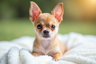 Chiot chihuahua blanc assis sur une couverture douce