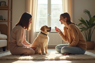 Chiot labrador attentif sur un tapis intérieur avec une femme