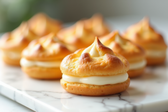 Gros plan sur choux craquelin crème fraîche dorés