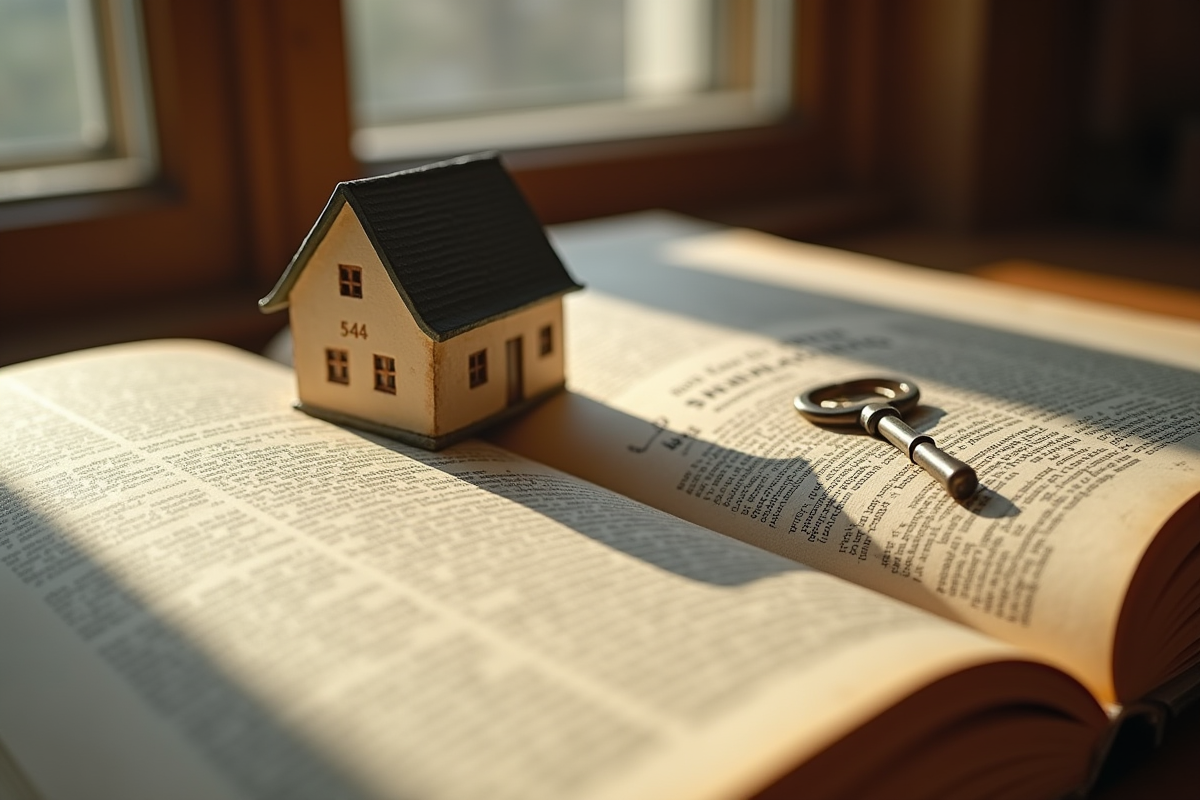 Code civil ouvert avec clé et petite maison en évidence