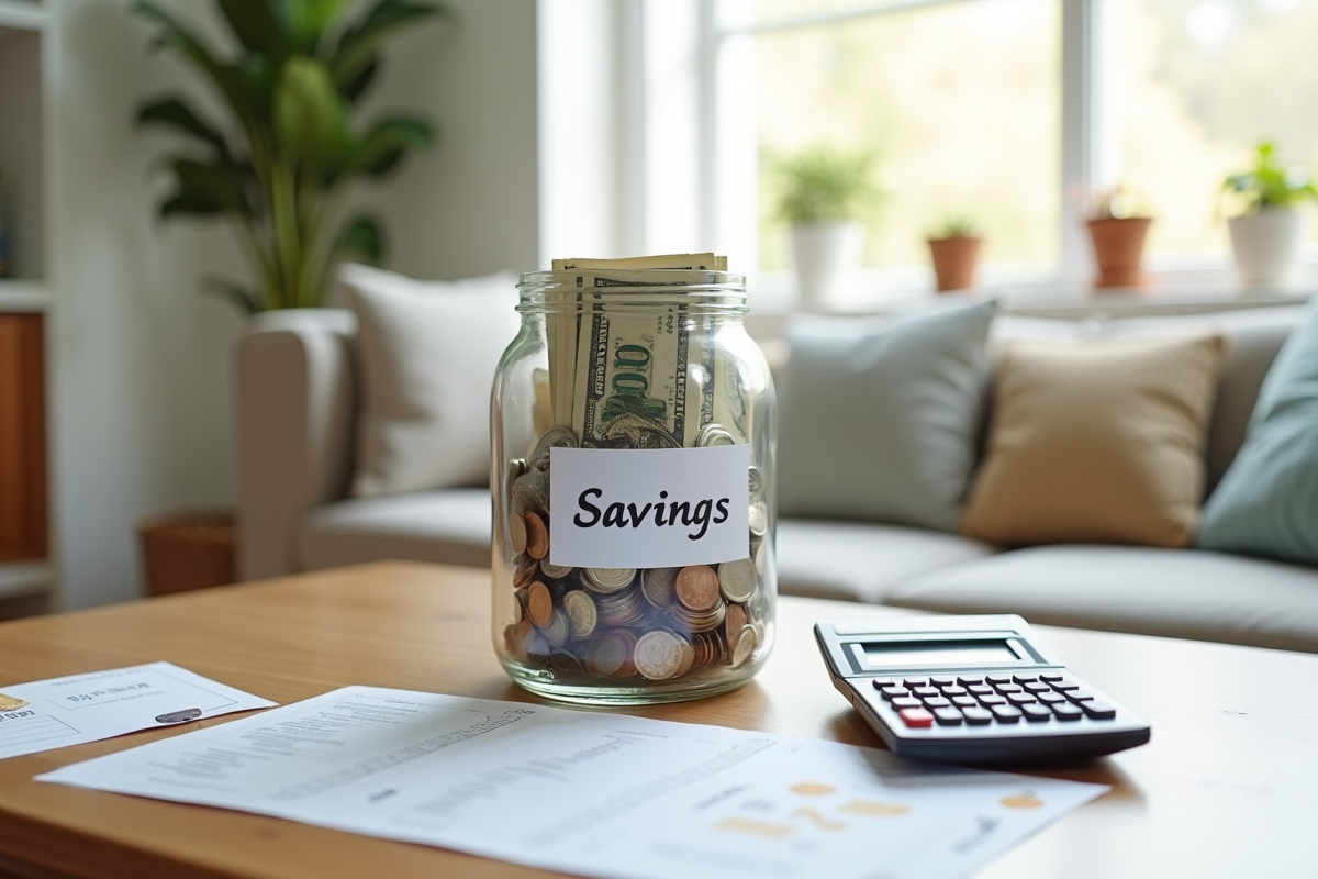 Coffre rempli de pièces et billets avec étiquette économies sur une table moderne