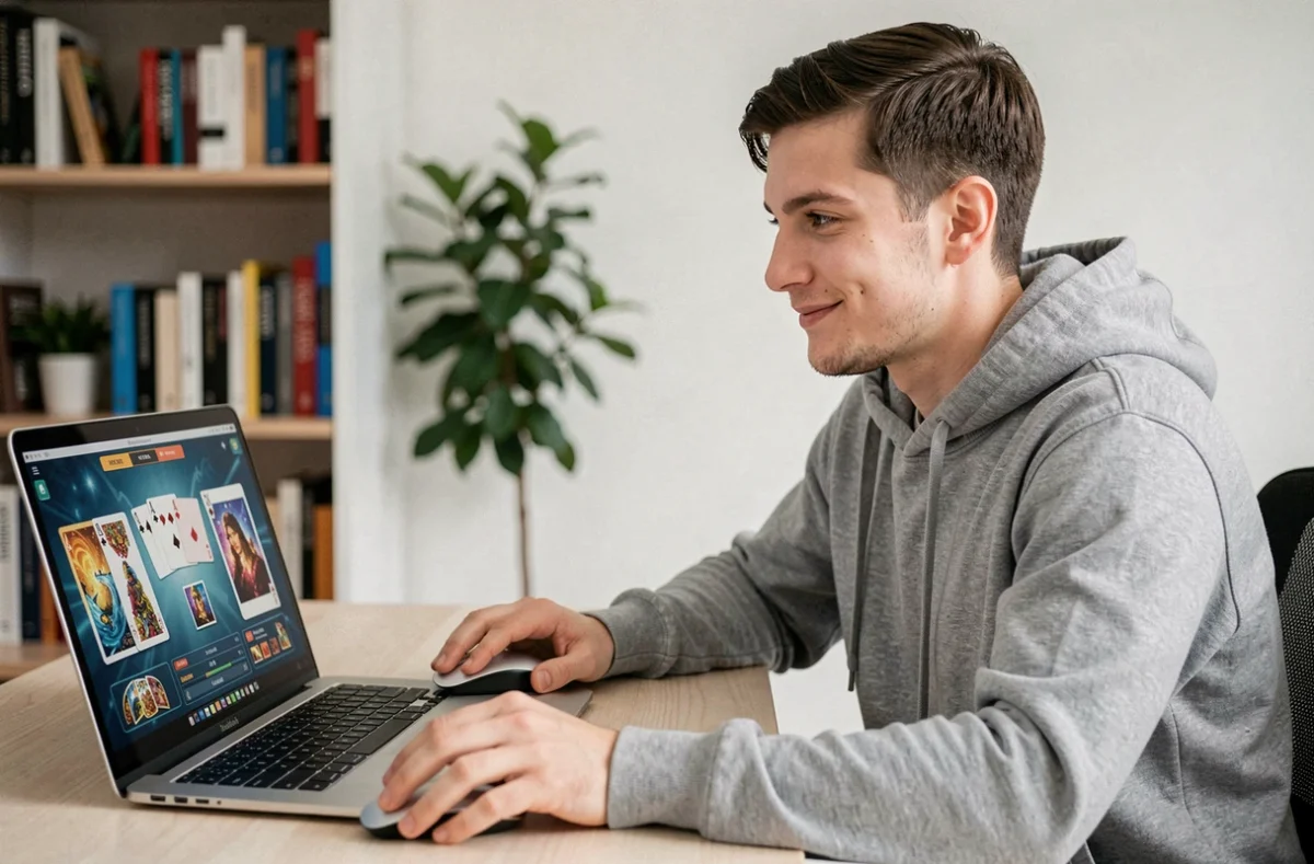 Jeune homme jouant à la coinche en ligne sur un ordinateur portable à son bureau