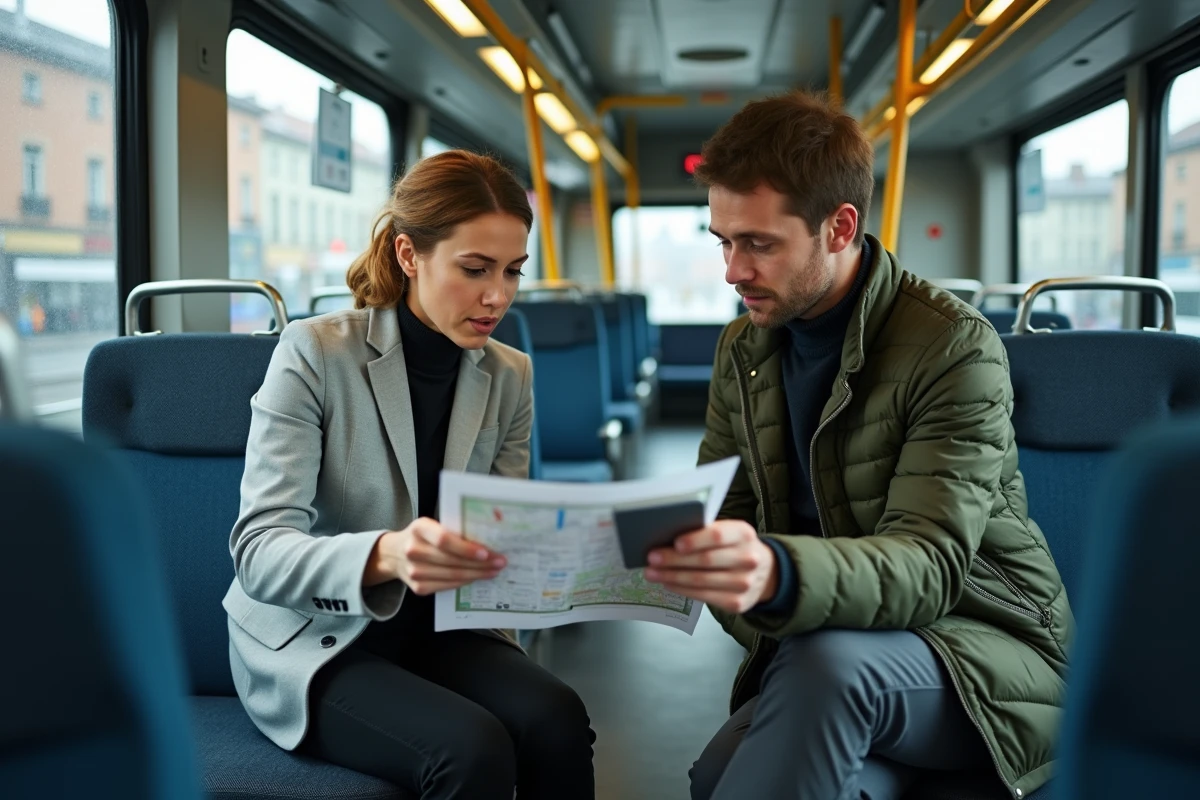 Deux collègues comparant les horaires de bus et métro Lyon dans les transports en commun TCL