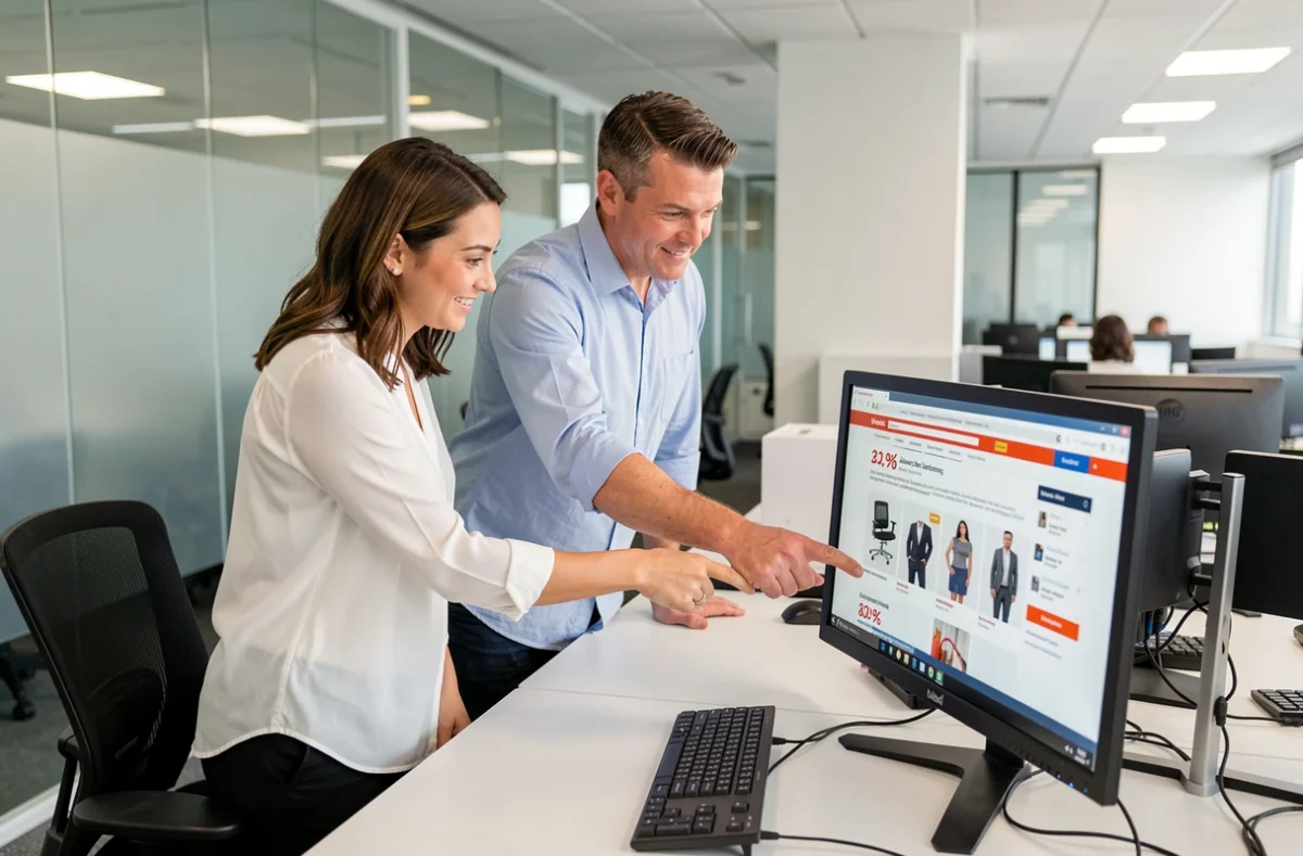 Deux collègues cherchant ensemble un code promo Amazon sur un ordinateur de bureau en open space