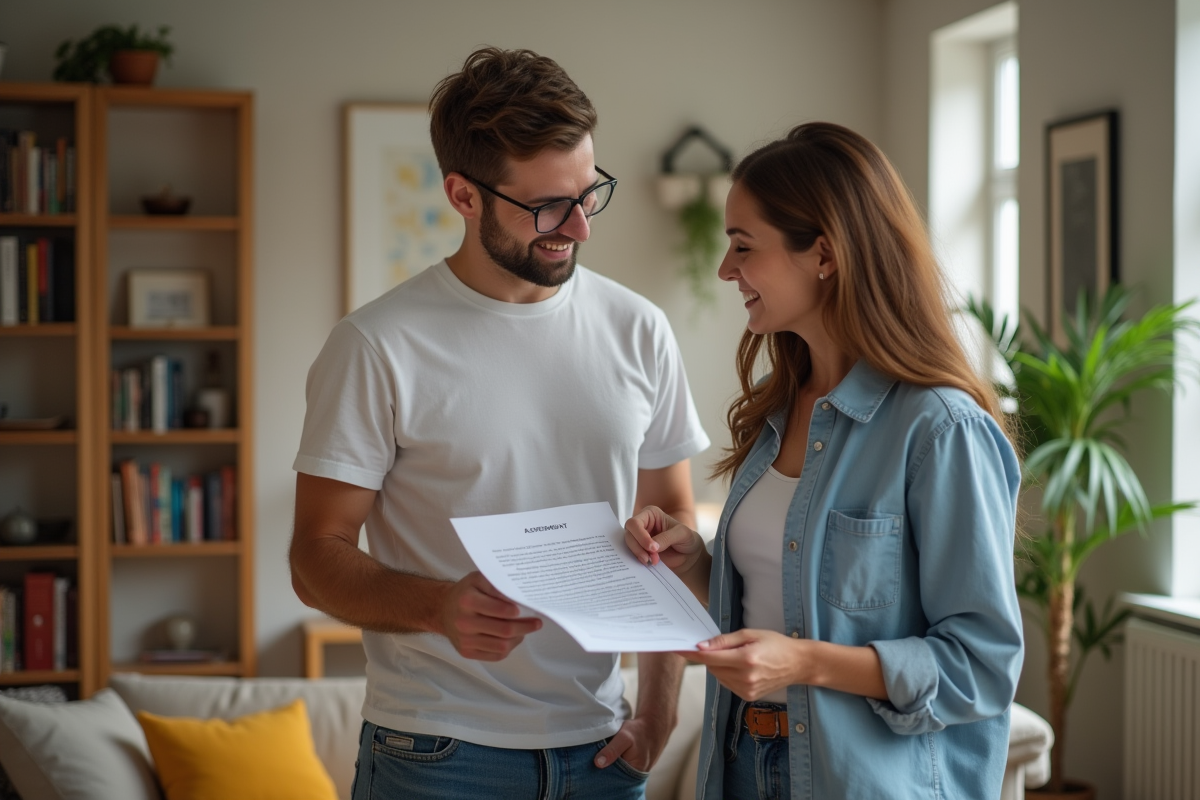 Deux colocataires discutent d un contrat de location dans un salon lumineux