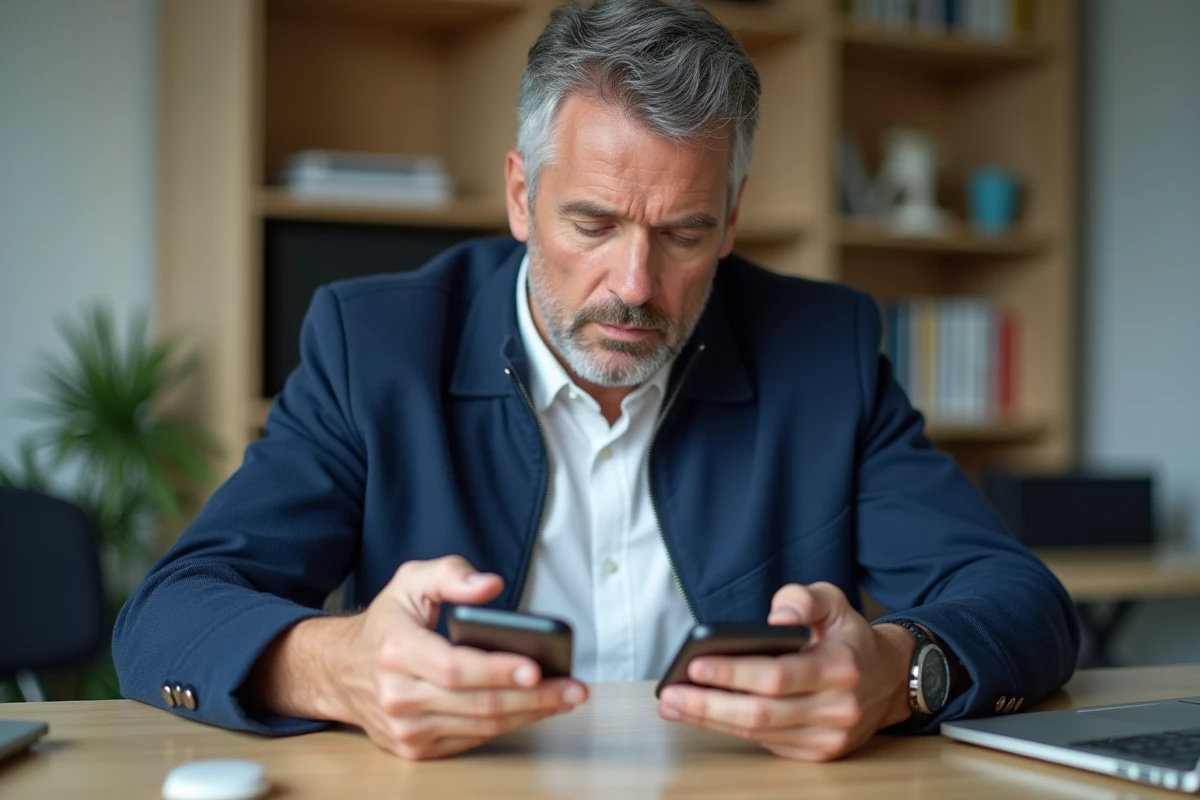 Homme comparant deux forfaits mobiles sur des smartphones dans un bureau à domicile