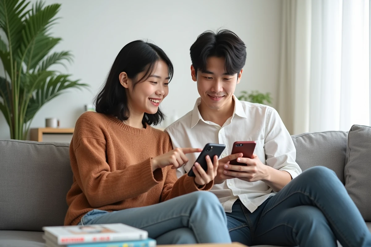 Deux jeunes adultes comparant des manhwas et webtoons sur leurs smartphones dans un salon moderne de style scandinave
