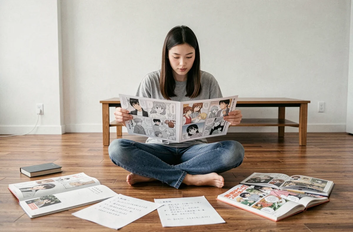 Jeune femme comparant des scanlations de One Punch Man posées au sol avec des notes manuscrites