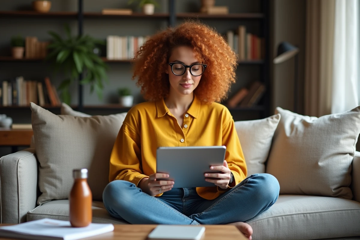 Jeune femme comparant les options tarifaires pour publier sur Scoopium sans dépasser son budget, assise dans son salon