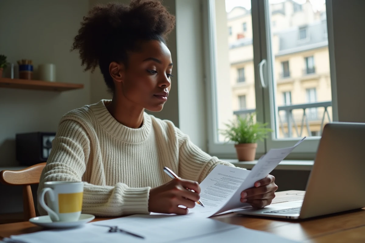 Jeune femme lisant attentivement les conditions requises pour obtenir la nationalité française dans un appartement parisien