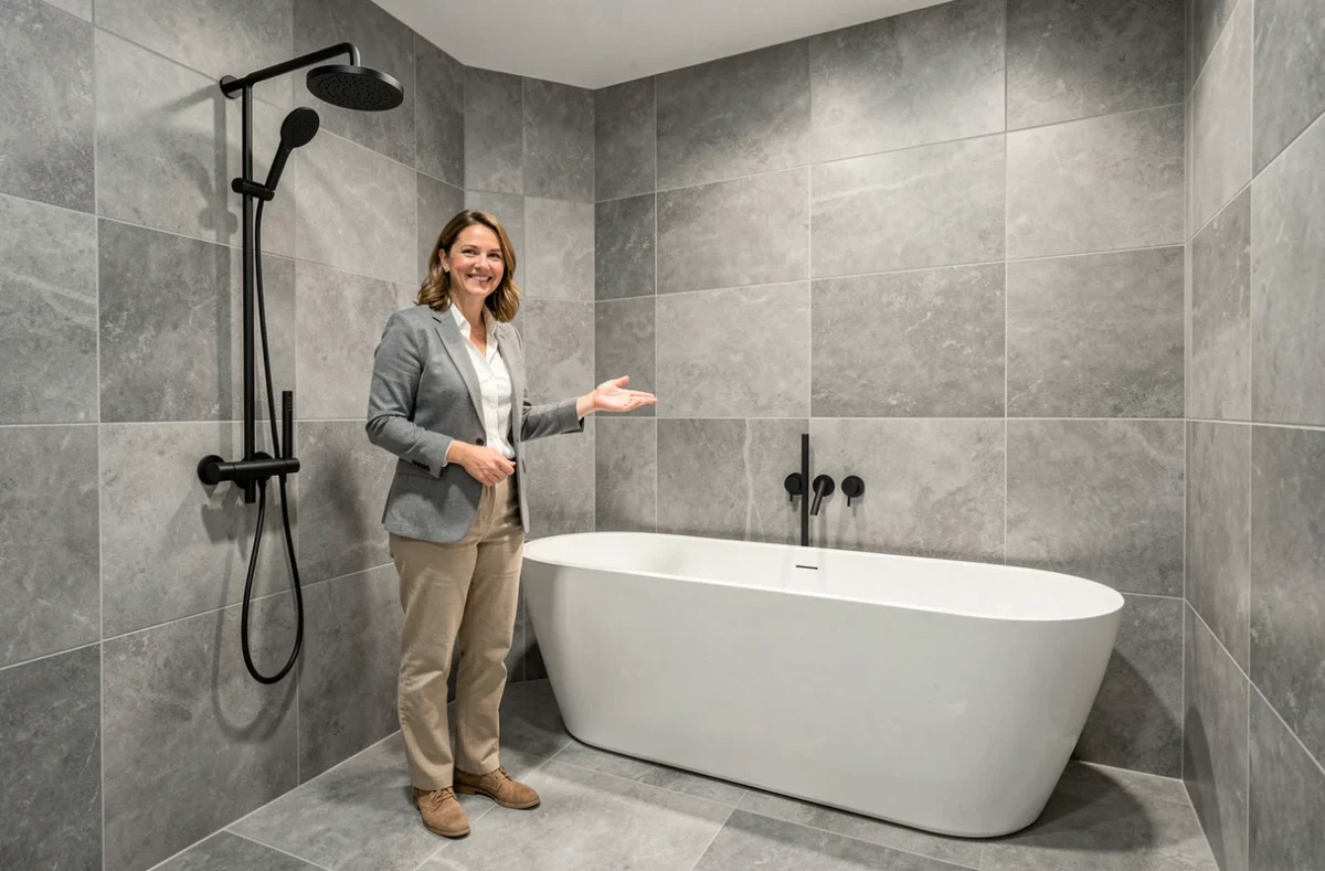 Conseillère de Confort & Bain présentant un aménagement de salle de bain moderne à Dijon