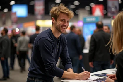 Acteur ressemblant à Jackson Rathbone signant des autographes lors d'une convention Twilight pour des fans enthousiastes