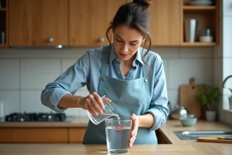 Femme versant de l'eau dans un contenant cubique pour illustrer la conversion cm³ en litre en cuisine
