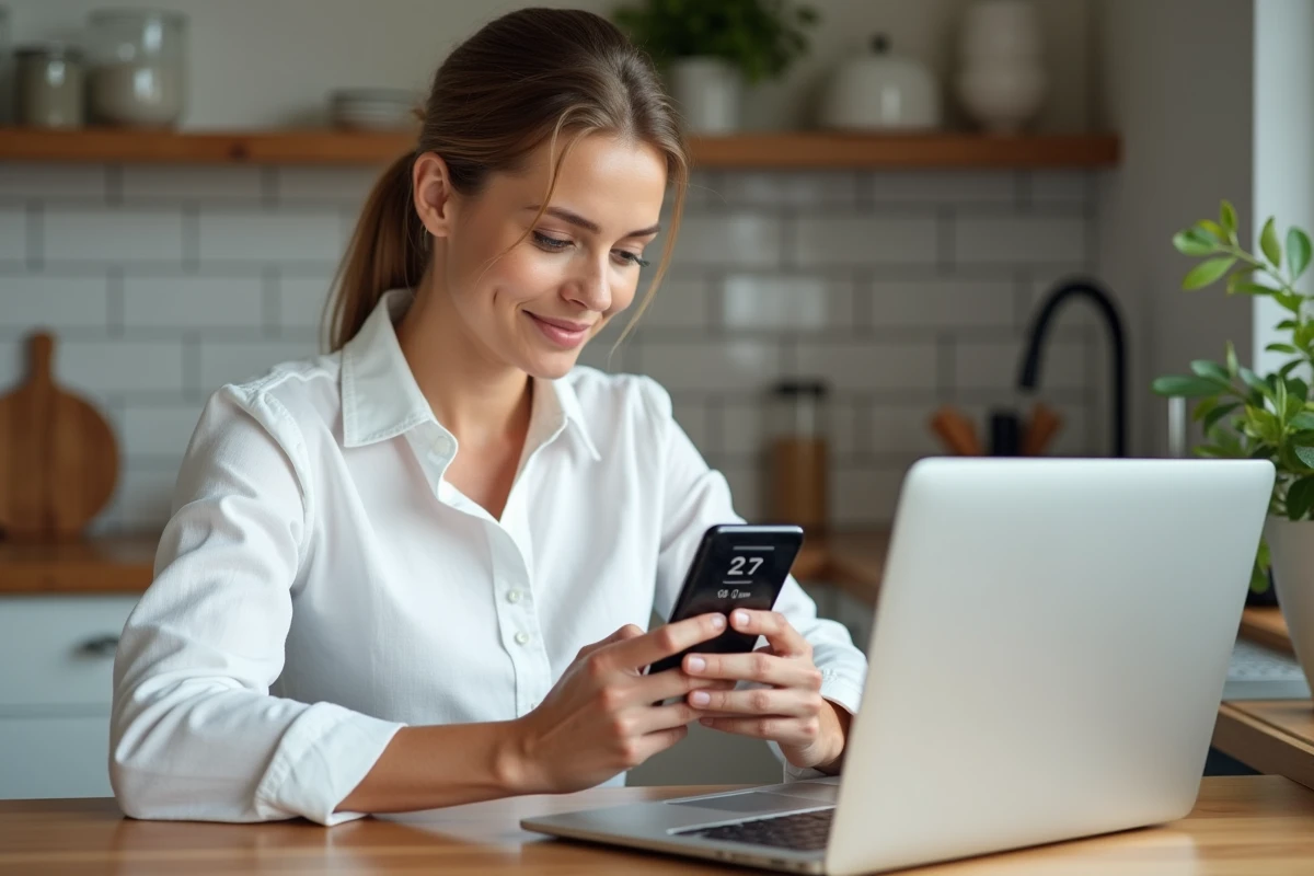 Femme utilisant une application de conversion pouces en centimètres sur smartphone pour choisir la taille d'un écran d'ordinateur